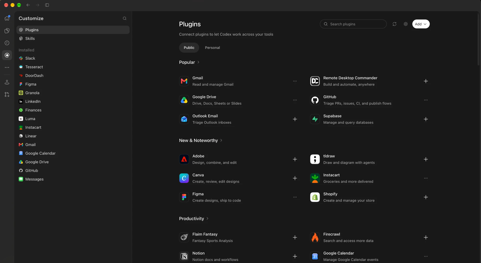 The Codex Plugins screen. The sidebar lists installed plugins: Slack, Tesseract, DoorDash, Figma, Granola, LinkedIn, Finances, Luma, Instacart, Linear, Gmail, Google Calendar, Google Drive, GitHub and Messages. The main pane shows the public catalog with Popular, New & Noteworthy and Productivity sections.