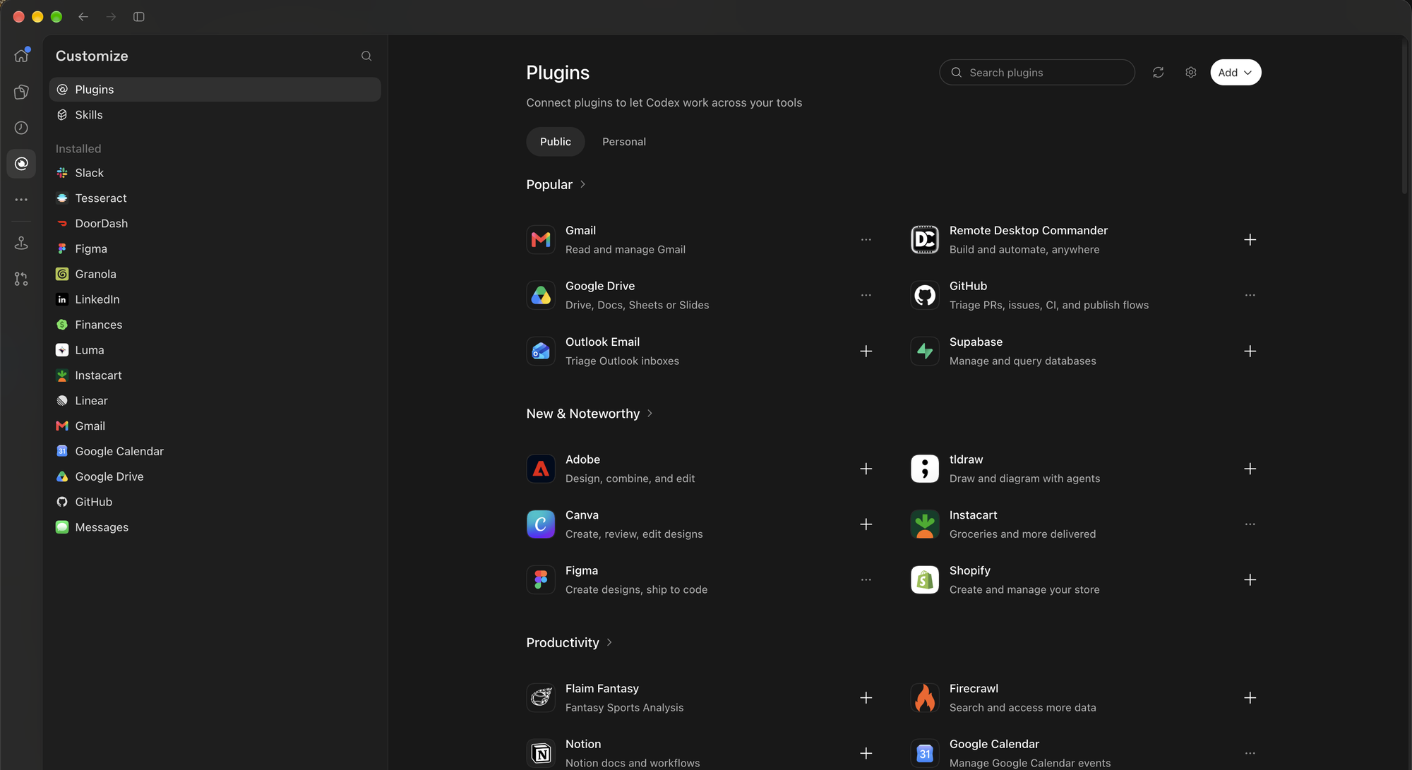 The Codex Plugins page, showing installed plugins such as Slack, Figma, Linear, Gmail, Google Calendar, Google Drive and GitHub, and a catalog of popular plugins.